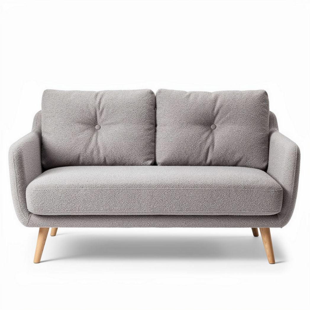 Twee persoonsbank van stof in lichtgrijs met houten poten 150 x 80 x 85cm