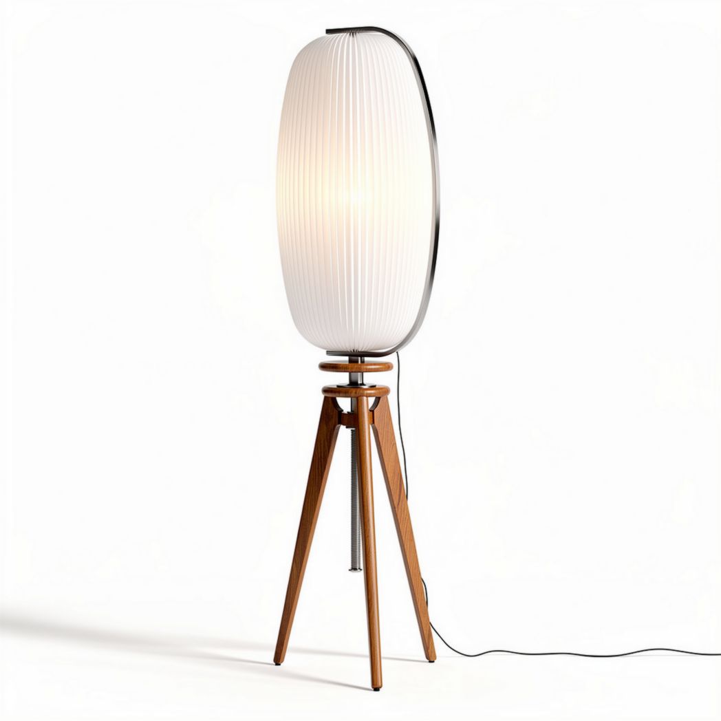 Houten vloerlamp met een witte lampenkap en een hoogte van 80 cm